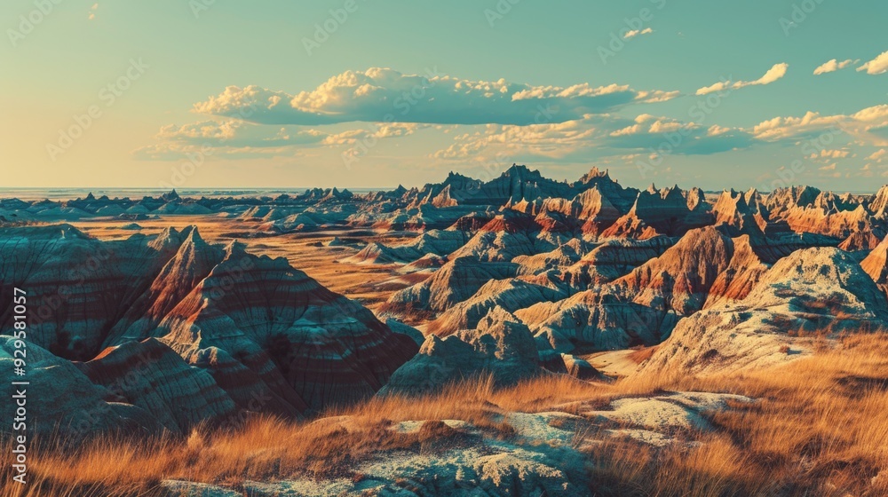 Poster a scenic view of a rocky landscape with a few clouds in the sky, ideal for use as a background or in