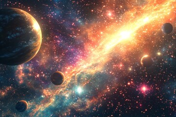 Space cosmic illustration with planets scene created with Generative AI