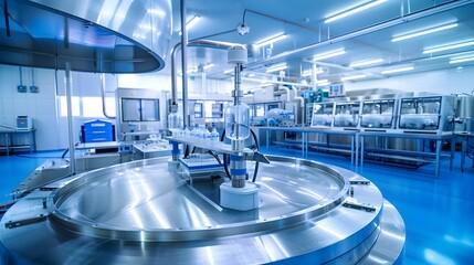Obraz premium Modern industrial factory technology. Business equipment in clean room. Manufacture lab facility with machinery. Professional research in medical science. Inside pharmaceutical