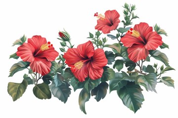 Obraz premium Hibiscus Flower Bouquet with Green Leaves.