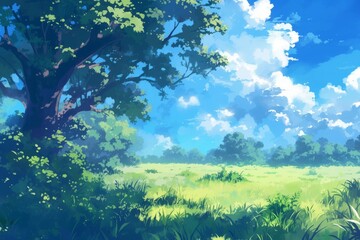 Anime style illustration of a green field, blue sky and fluffy white clouds. Tranquil nature landscape with tall trees, vibrant green grass, and a blue sky with white clouds