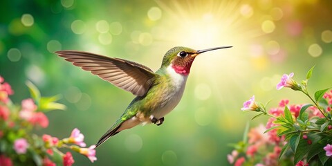 Fototapeta premium A beautiful flying hummingbird in a green nature setting with flowers