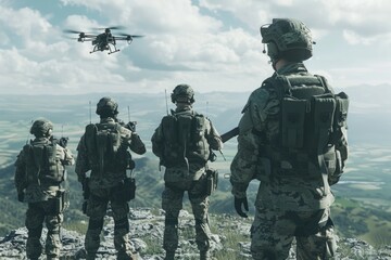 Fototapeta premium Group of soldiers standing at the top of a mountain, ready for action