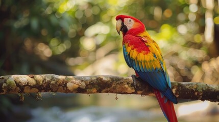 Fototapeta premium Vibrant Scarlet Macaw Perched on a Branch in a Lush Green Forest