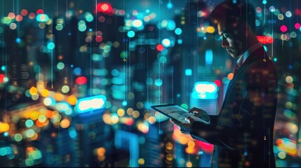 Naklejka premium Businessman Analyzing Data in a Cityscape