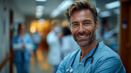 Fototapeta premium Portrait of a Smiling Male Doctor with a Stethoscope in a Hospital Corridor
