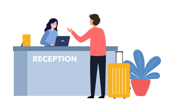 Hotel reception vector illustration. Tourist or traveller man standing at desk in lobby room interior. Guest talking with receptionist, registration hotel service.
