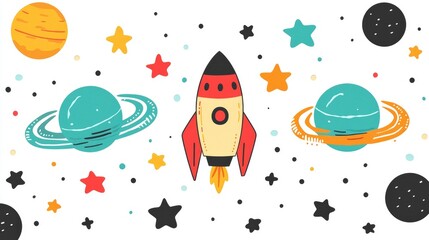 Cute Cartoon Rocket Ship in Outer Space with Planets and Stars