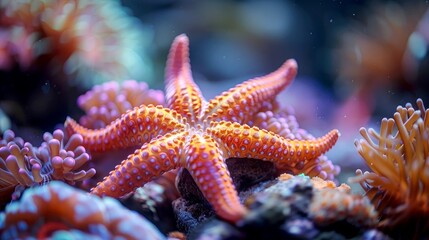 Orange Starfish with Purple Spots on Coral Reef
