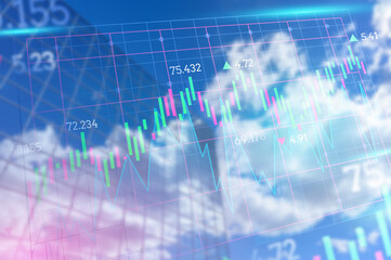 Double exposure of abstract financial graph with world map on office buildings background, forex and investment concept