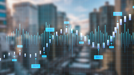 Double exposure of abstract financial graph with world map on office buildings background, forex and investment concept