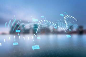 Double exposure of abstract financial graph with world map on office buildings background, forex and investment concept