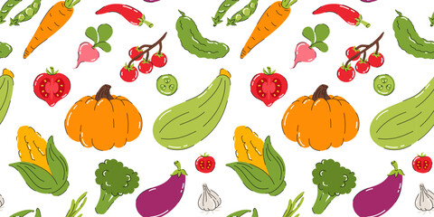Seamless pattern with images of vegetables. Tomato, pepper, peas, eggplant, carrots, broccoli, cucumber, garlic. Flat vector illustration.