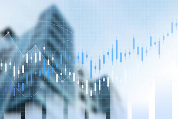 Double exposure of abstract financial graph with world map on office buildings background, forex and investment concept