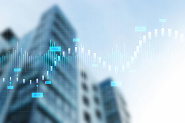 Double exposure of abstract financial graph with world map on office buildings background, forex and investment concept