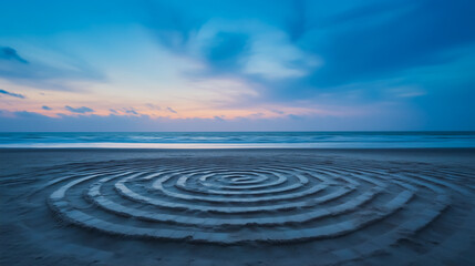 Obraz premium A serene beach at dusk with intricate spiral patterns carved into the sand, set against a calm ocean and colorful sky