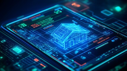 Fototapeta premium Smart home app showing weather forecast alert for roof maintenance, futuristic holographic interface, glowing blue and green, high-tech style, digital realism, cool tones.