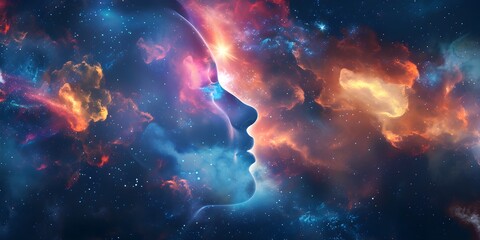 Obraz premium Human mind abstract space science head background. Brain face sky idea universe thought psychology