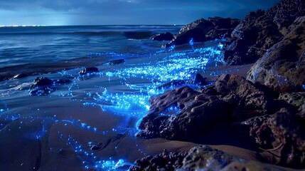 Bioluminescent Phytoplankton Glowing in the Ocean at Night