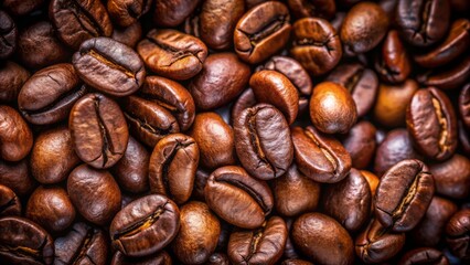Obraz premium Dark brown and oily, expertly roasted coffee beans glisten with a rich sheen, their intricate details and textures showcased in exquisite close-up clarity.