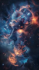 Human mind abstract space science head background. Brain face sky idea universe thought psychology