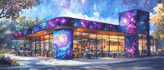 A vibrant cafe surrounded by a cosmic mural, inviting guests to enjoy a unique dining experience under a starry theme.