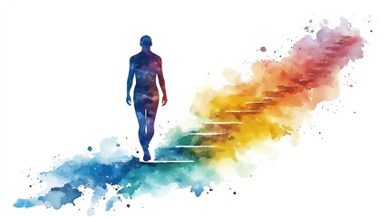 Naklejka premium A vibrant watercolor depiction of a figure ascending colorful steps, symbolizing growth and personal journey.