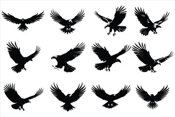Obraz premium Eagle silhouette Bundle Set on a White Background, Flying, landing, soaring Eagle Silhouette