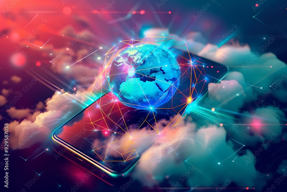 Aufkleber Smartphone digital connection at clouds services of all earth. Holographic abstract interface
