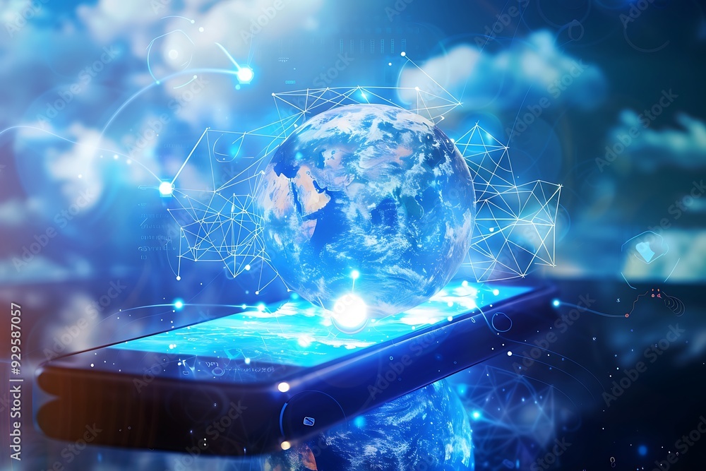 Aufkleber Smartphone digital connection at clouds services of all earth. Holographic abstract interface