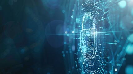 Abstract digital padlock with glowing lines and binary code on blue background