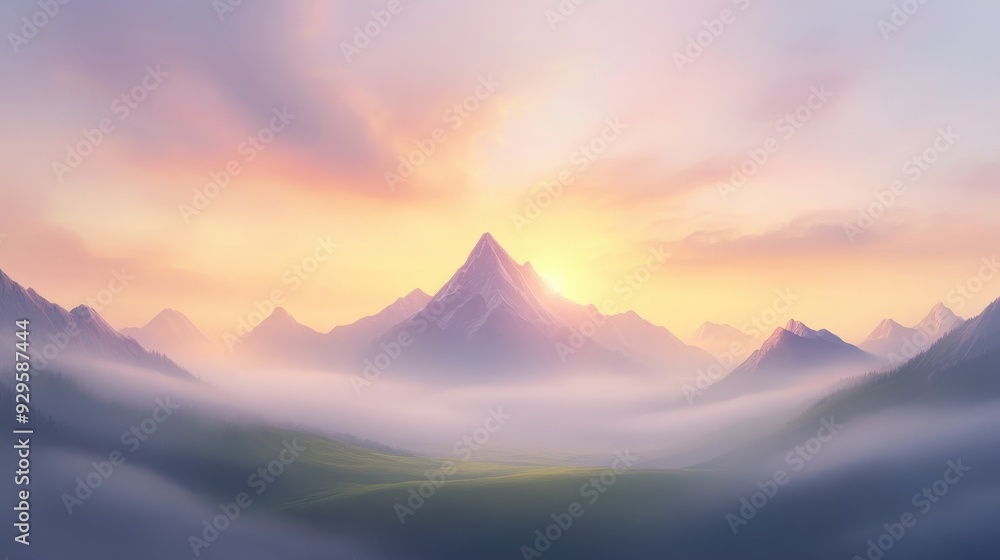 Poster a mountain range with a sun setting behind it