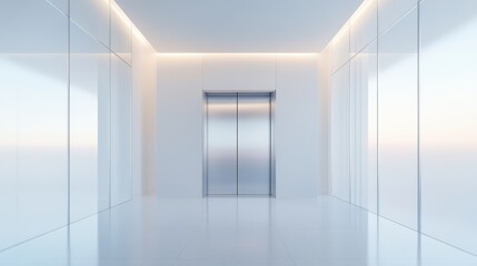 Fototapeta premium A large, shiny silver elevator door stands in a large, empty room