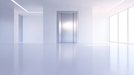 Fototapeta premium A large silver elevator door stands in the middle of a large, empty room