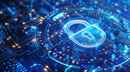 Obraz premium A glowing padlock symbol inside a digital circuit board