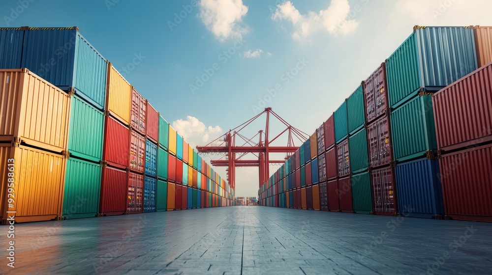 Wall mural colorful shipping containers at a modern industrial port with cranes under a clear blue sky