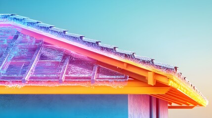 A detailed cutaway of a roof structure, impacted by hail, showing layers of damage. Futuristic holographic overlay highlighting vulnerable areas. 3D render, vibrant colors,
