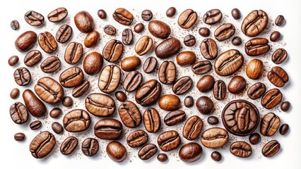 Obraz premium Whimsical hand-drawn doodle illustration of coffee beans in various shapes and sizes on a clean white background with bold lines and playful textures.
