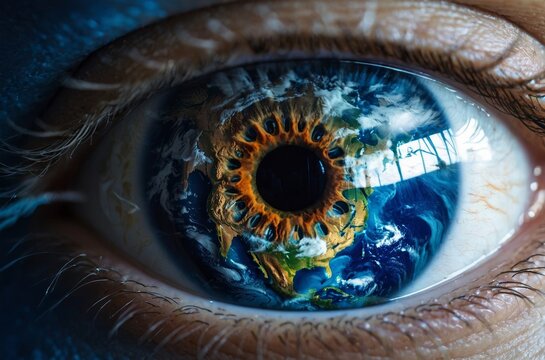Close-up of human eye with earth reflection emphasizing planet's vulnerability
