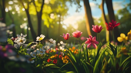 "A vibrant real-life image of spring, featuring blooming flowers, fresh green foliage, and the rejuvenating essence of nature's renewal