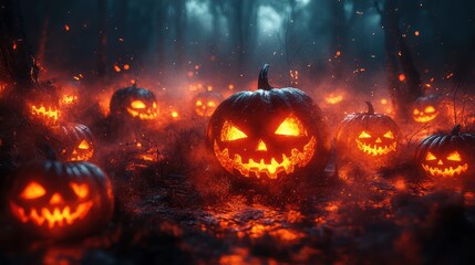 Fototapeta premium Spooky Halloween Pumpkin Patch with Glowing Jack-O'-Lanterns in a Dark Forest Setting, Perfect for Halloween-Themed Designs, Decorations, and Festive Celebrations