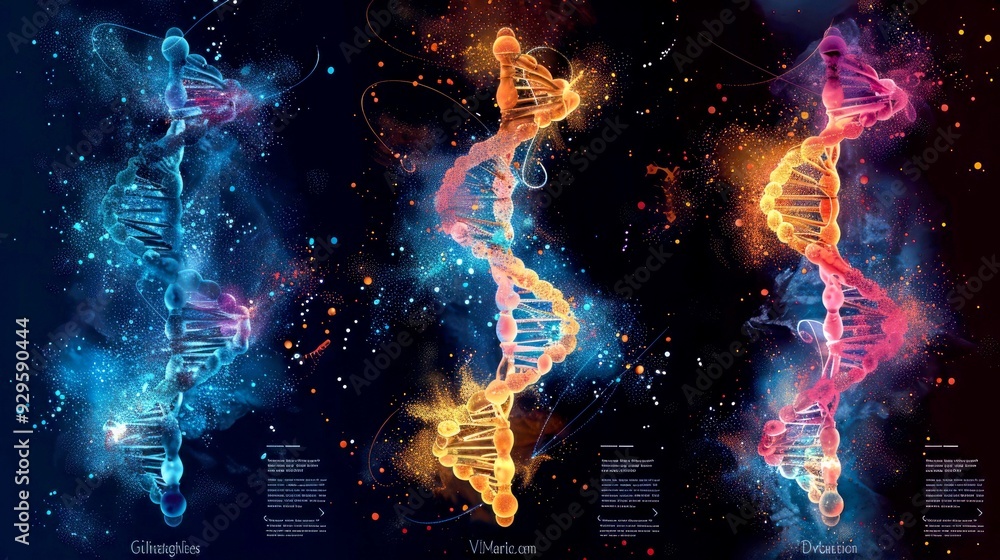 Poster three colorful dna structures with glowing particles in a dark background