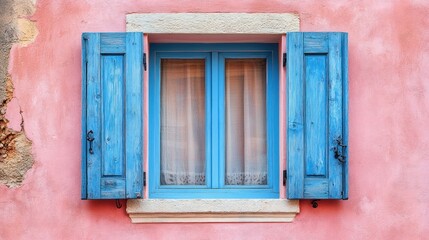 Blue Shutters on Pink Wall