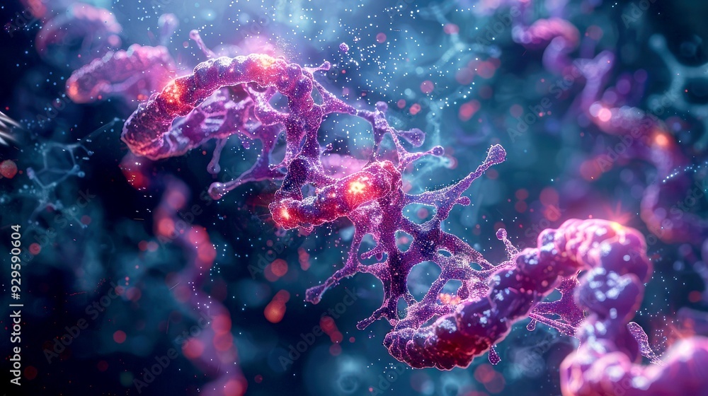 Poster abstract 3d rendering of a glowing purple dna structure