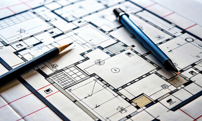 Close-up pencil drawing of the plan on white paper