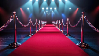 Red carpet lined with ropes and silver stanchions under a spotlight against a black background 