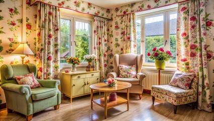 Cozy nursing home room with floral curtains, comfortable armchair, and vintage decorations, creating a warm atmosphere for a happy elderly woman's residence.