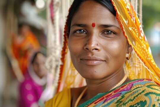 Traditional Indian Woman in Vibrant Saree with Bindu
