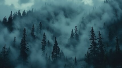 A misty forest landscape shrouded in fog, creating an eerie and tranquil atmosphere.