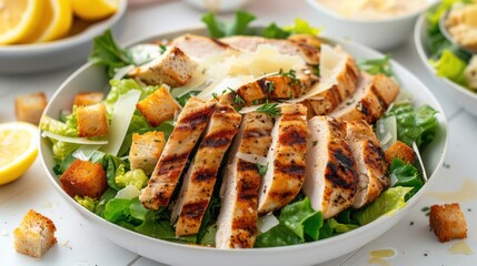 a salad with chicken, lettuce, and croutons